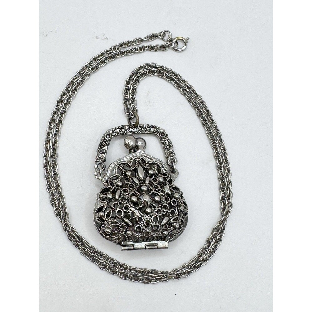 VTG ART Arthur Pepper Silver CHAIN NECKLACE Filigree Kiss-Lock Purse/Bag Pendant